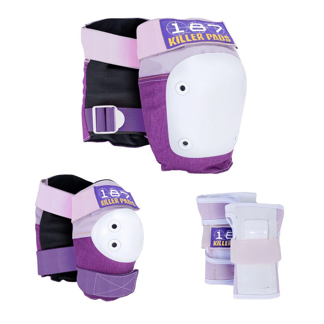 Purple and white protective pads with '187 Killer Pads' branding on a white background