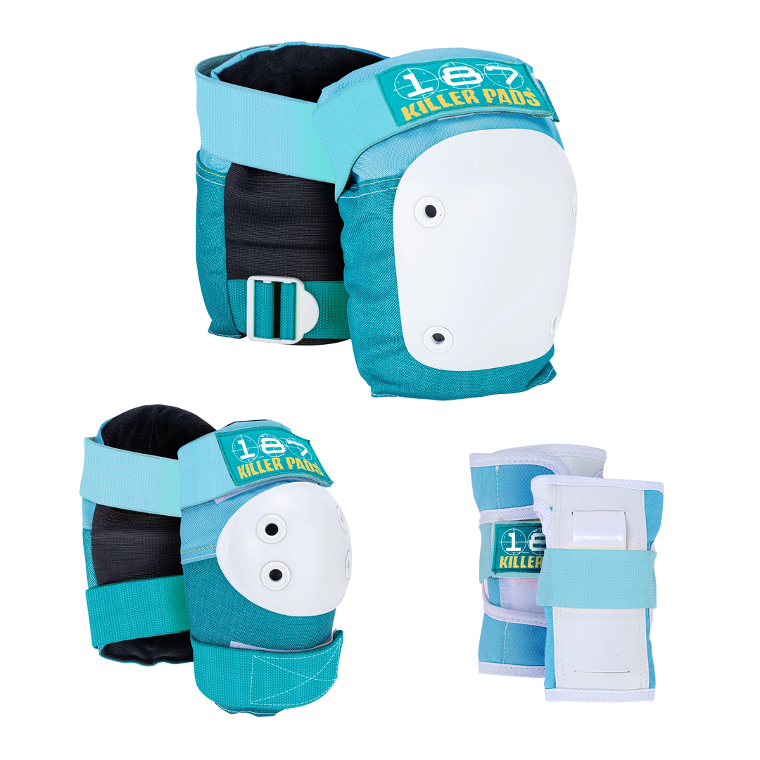 Teal and white protective pads with '187 Killer Pads' branding on a white background