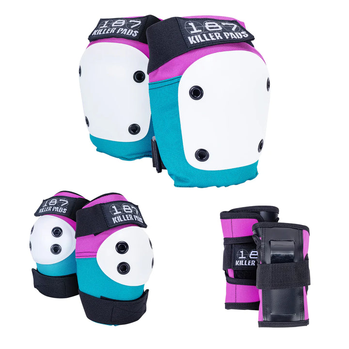 Set of 187 Killer Pads knee pads, elbow pads, and wrist guards in pink/teal on a white background