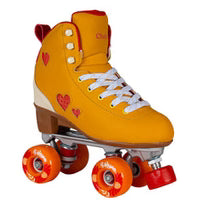 Orange, cream and red Chaya Cozy Summer Breeze roller skates with heart designs on a white background