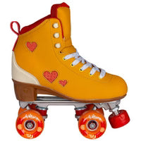 Orange, cream and red Chaya Cozy Summer Breeze roller skates with heart designs on a white background