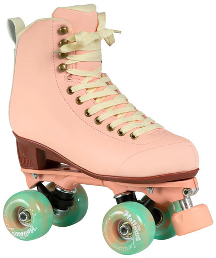 Dusty Pink Chaya Melrose Elite roller skate with mint green wheels on a white background