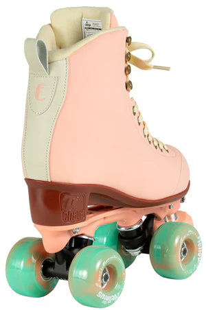Dusty Pink Chaya Melrose Elite roller skate with mint green wheels on a white background