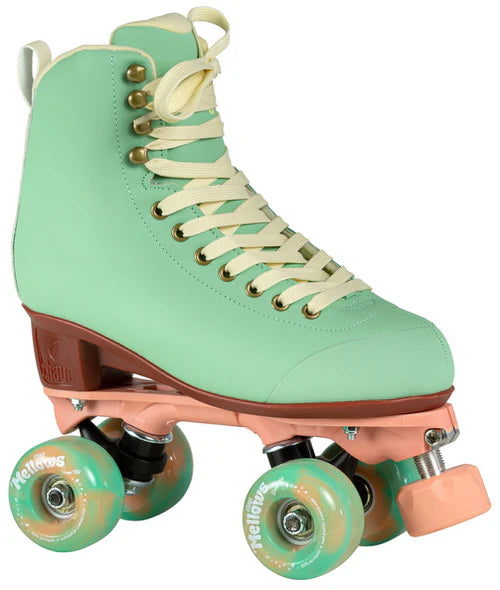 Mint green Chaya Melrose Elite roller skate with mint green wheels and dusty pink plate and toe stop on a white background