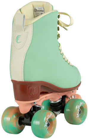 Mint green Chaya Melrose Elite roller skate with mint green wheels and dusty pink plate and toe stop on a white background