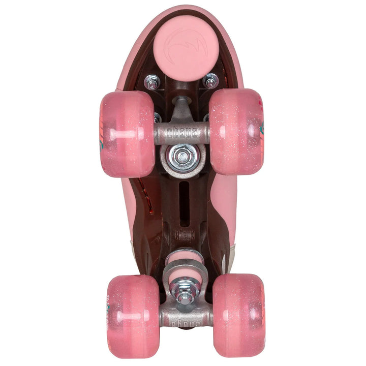 Chaya Miyu Pink Leopard roller skate - pastel pink boot with brown sole, pink wheels and toe stop, cream laces and pink leopard print tongue and lining.