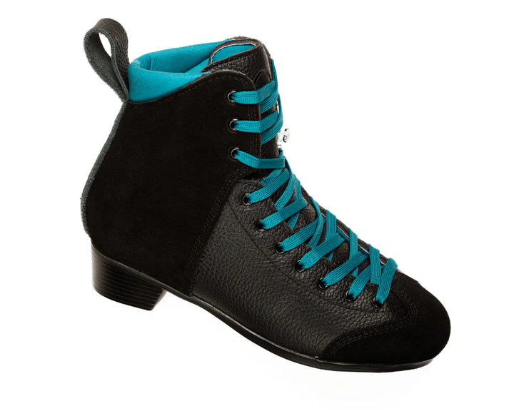 Chuffed Skates Lanna Thornhill Pro roller skate Boots are black textured leather with black suede panels across the toe and ankles. Features a teal blue lining and laces. 