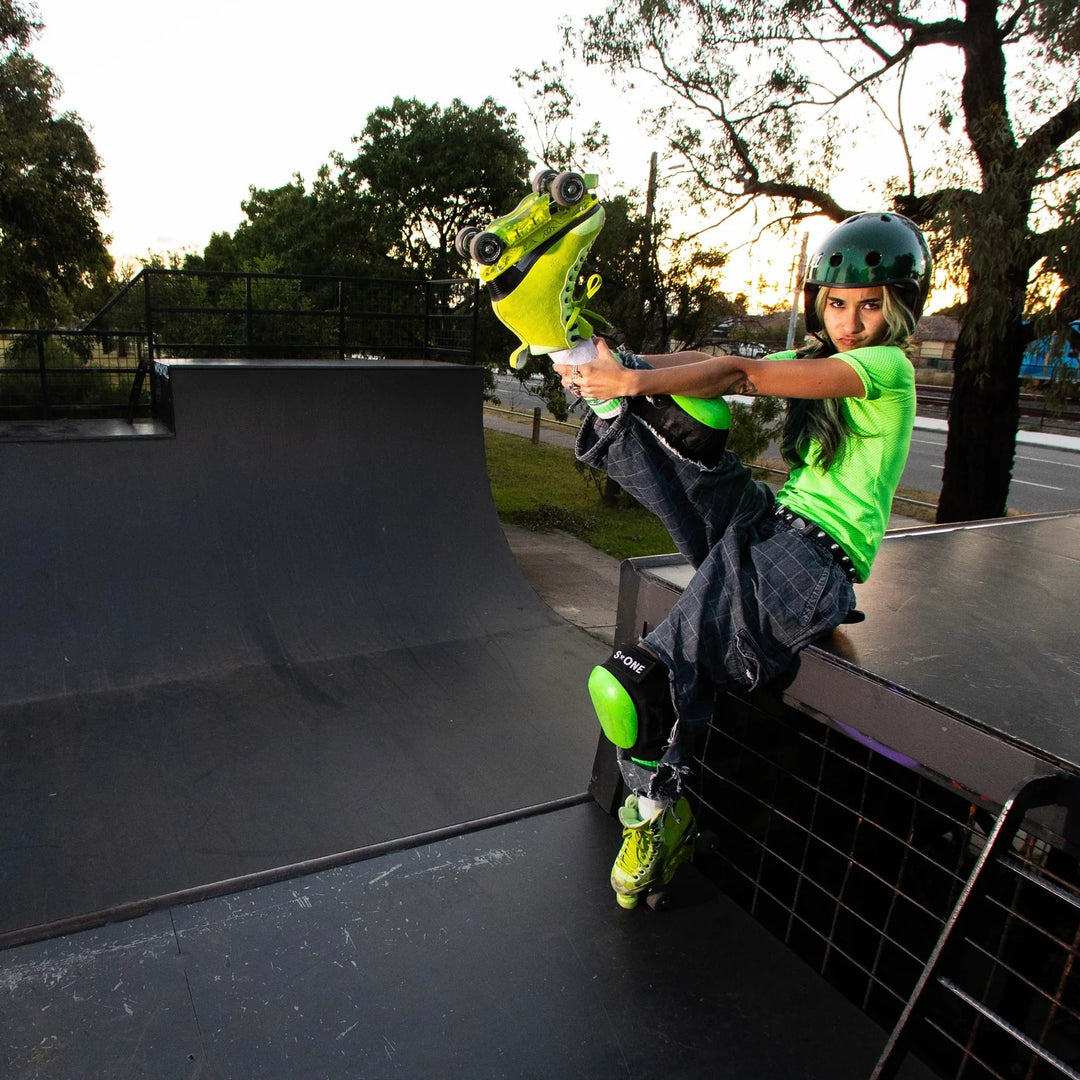 Rib posing at a skatepark wearing her new Rib Pro Boots from Chuffed Skates