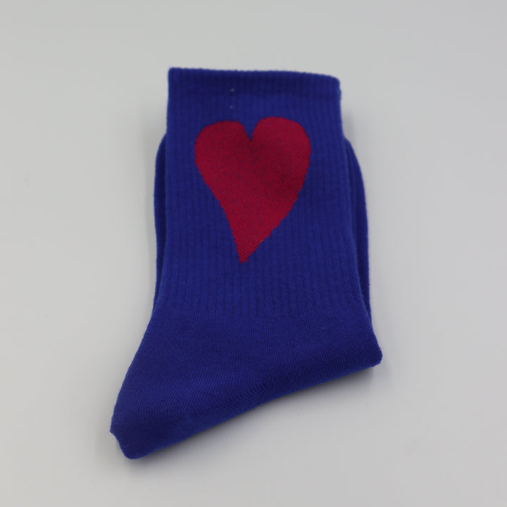 RollerFit ribbed crew socks with a single large heart design: ultramarine blue with crimson heart.