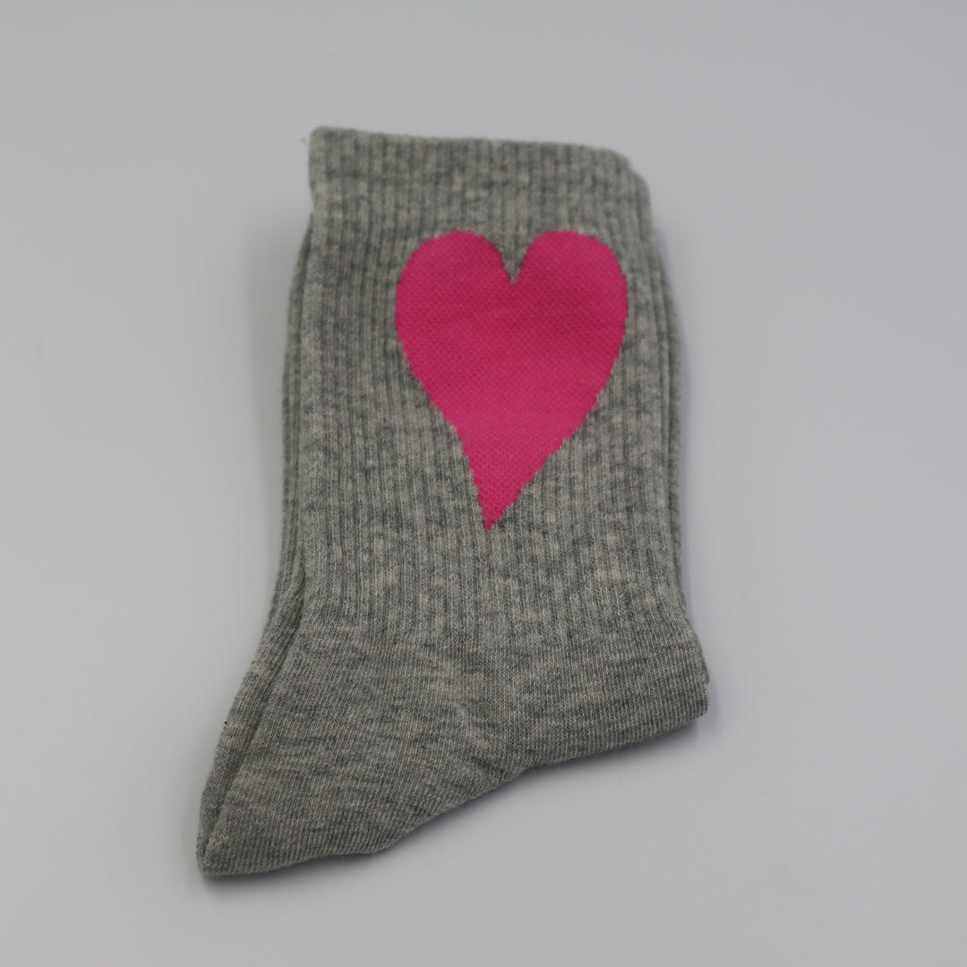 RollerFit ribbed crew socks with a single large heart design: grey marle with baby pink heart