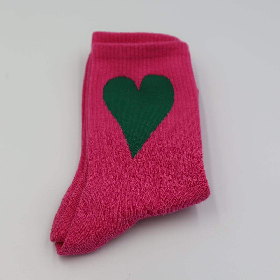 RollerFit ribbed crew socks with a single large heart design: hot pink with bottle green heart