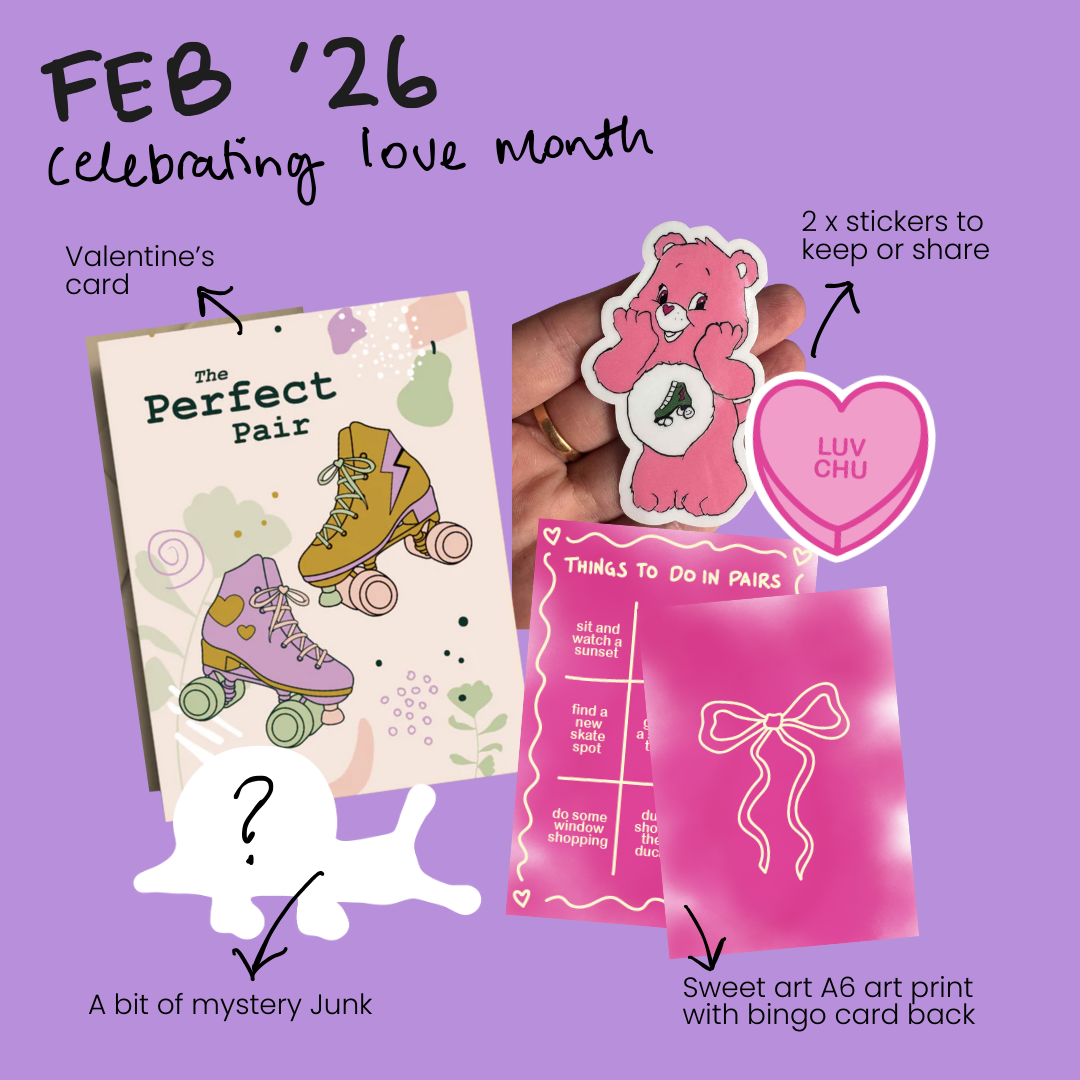 Promotional image of RollerFit Junk Mail Club Feburary edition with  Valentine's Day products including a card, stickers, and art print on a purple background.