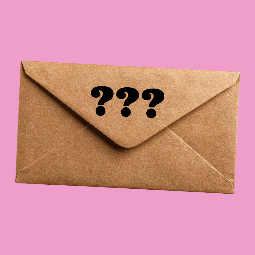 Brown envelope with three question marks on a pink background