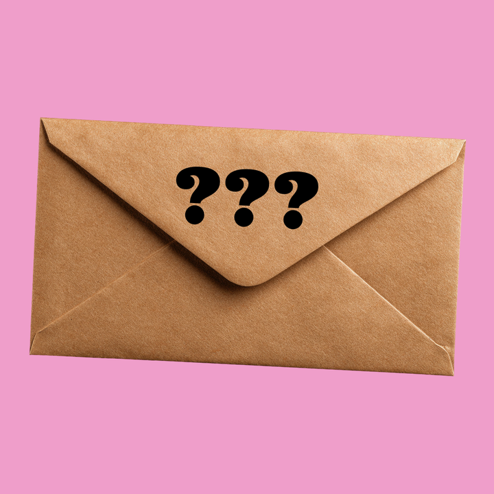 Brown envelope with three question marks on a pink background