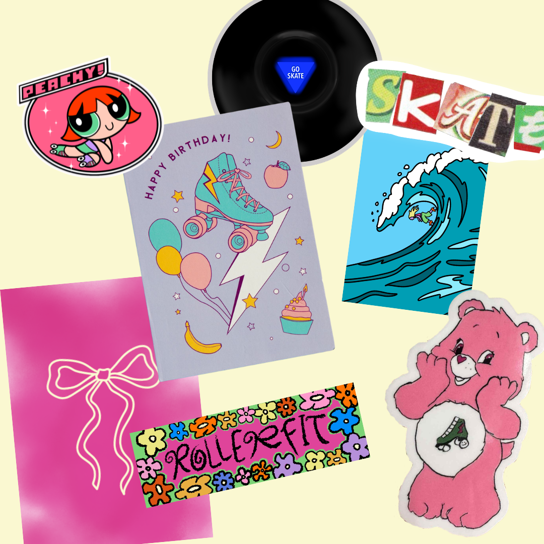Assortment of RollerFit prints, stickers and greeting cards that can be included in Mystery Packs