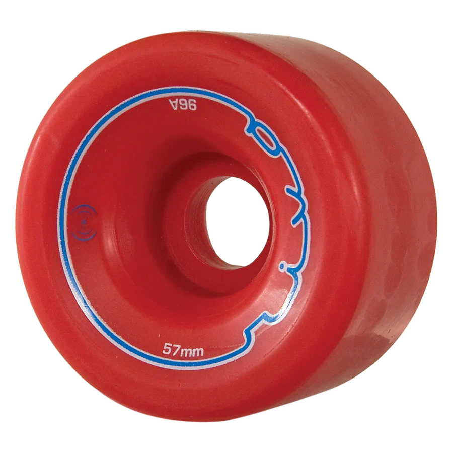 Red rollerskate wheel with blue Radar Riva branding on a white background