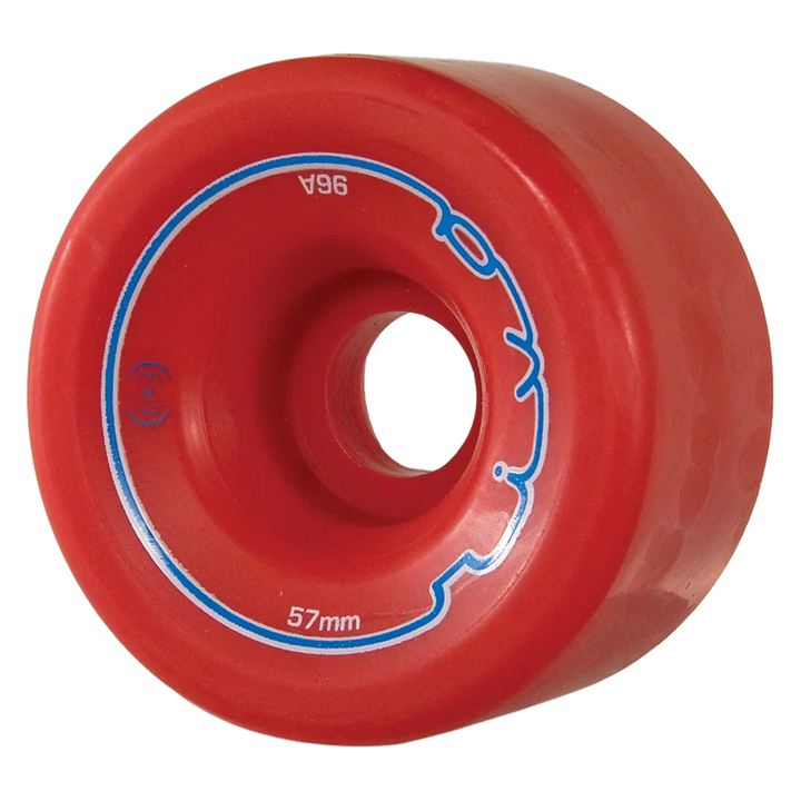 Red rollerskate wheel with blue Radar Riva branding on a white background