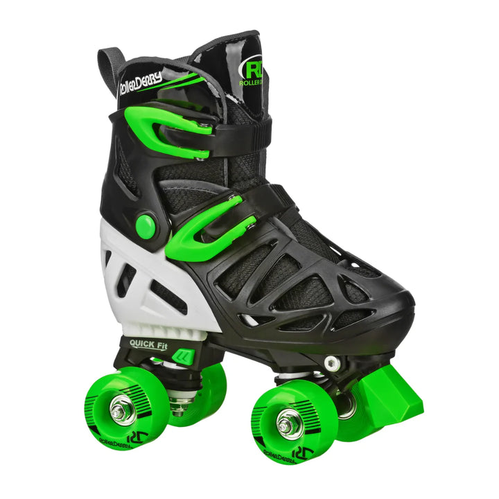 RDS Trac Star kids adjustable roller skate with contrast black and bright green shell and boot lining
