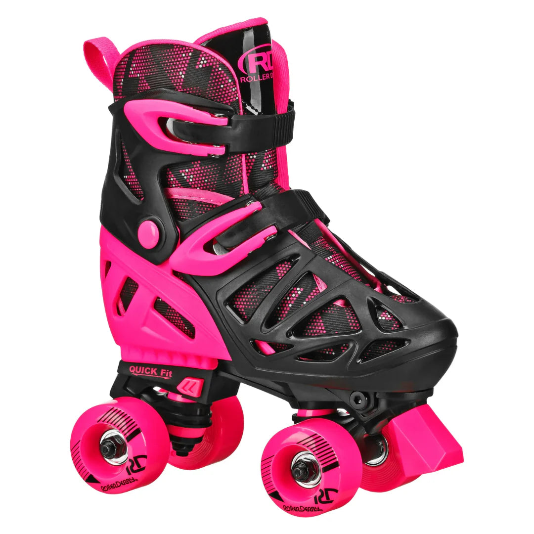 RDS Trac Star kids adjustable roller skate with contrast black and bright pink shell and boot lining