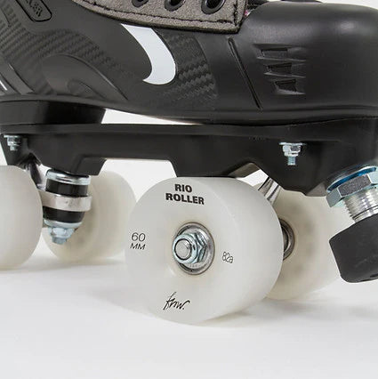 Close up of a Rio Roller Flow Hockey skates with black and grey design and white wheels