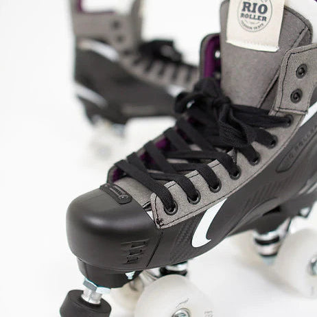 Close up of Rio Roller Flow Hockey skate with black and grey design on a white background