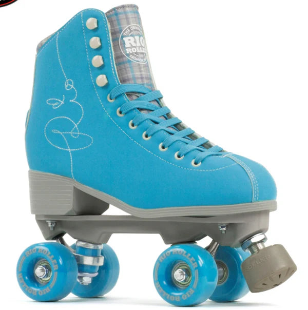 Blue Rio Roller Signature roller skate with grey accents on a white background