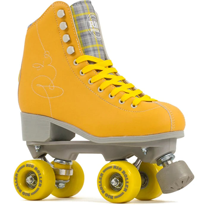Yellow Rio Roller Signature roller skate with grey accents on a white background