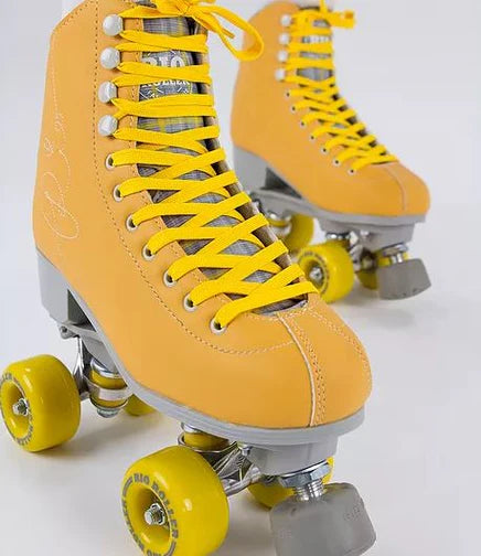 Yellow Rio Roller Signature roller skate with grey accents on a white backgroun
