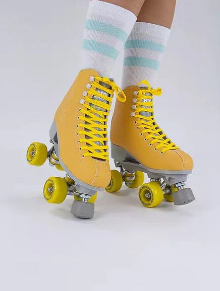 Yellow Rio Roller Signature roller skate with grey accents on a white backgroun
