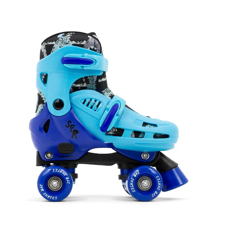 SFR Hurricane IV kids adjustable roller skate with contrast light and dark blue shell and shark print boot lining