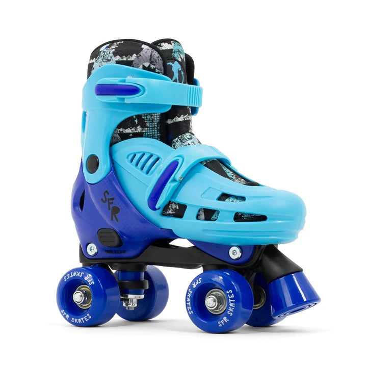 SFR Hurricane IV kids adjustable roller skate with contrast light and dark blue shell and shark print boot lining