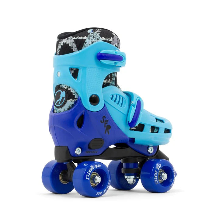 SFR Hurricane IV kids adjustable roller skate with contrast light and dark blue shell and shark print boot lining