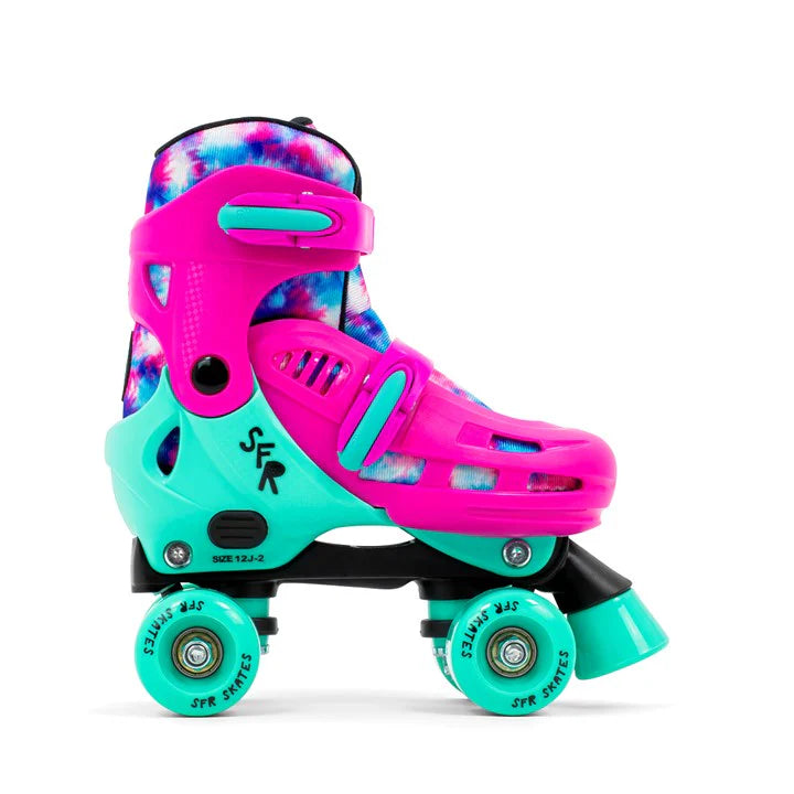 SFR Hurricane IV kids adjustable roller skate with pink and mint shell and tie dye boot lining