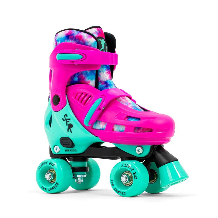 SFR Hurricane IV kids adjustable roller skate with pink and mint shell and tie dye boot lining