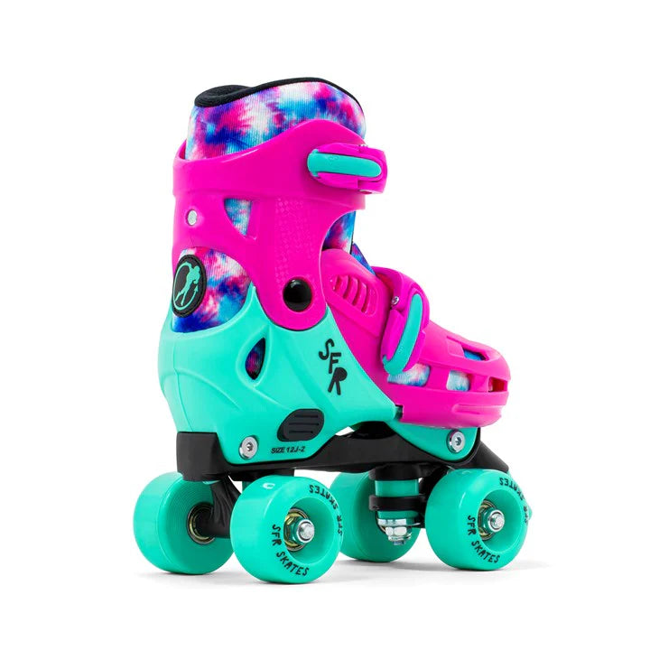 SFR Hurricane IV kids adjustable roller skate with pink and mint shell and tie dye boot lining