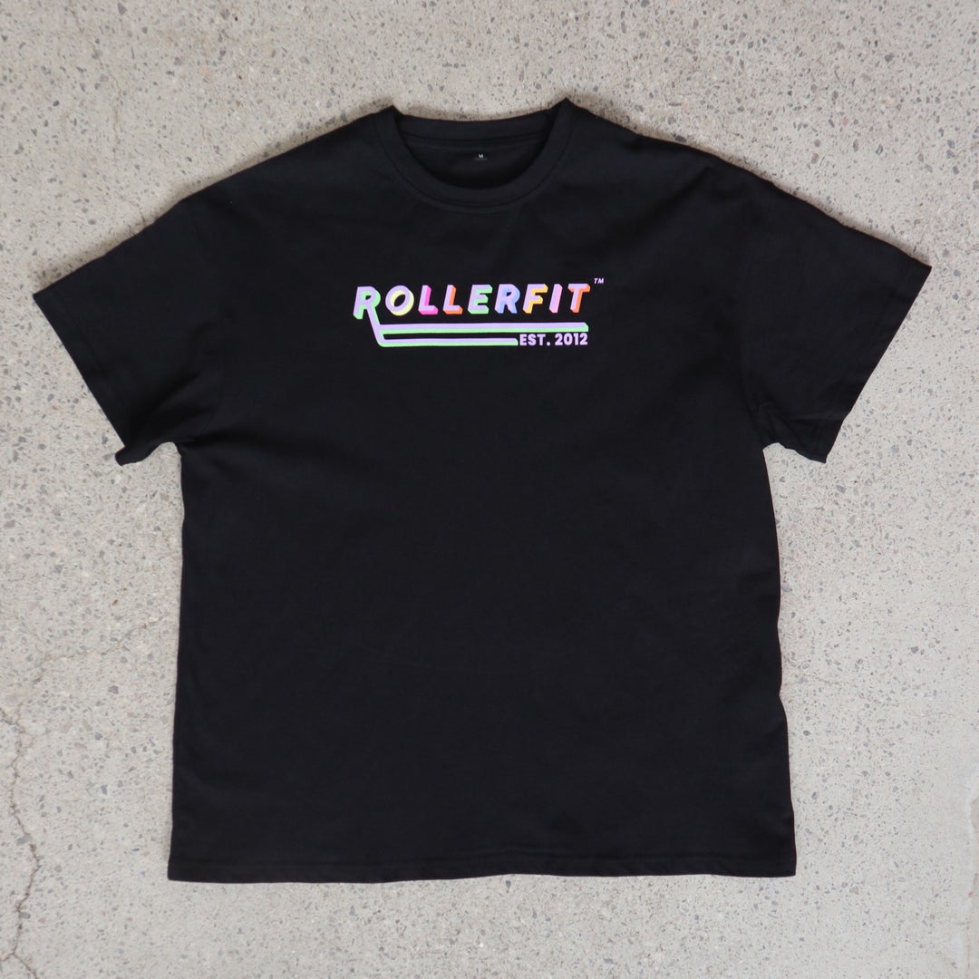 Black t-shirt with 'ROLLERFIT' logo on a gray surface