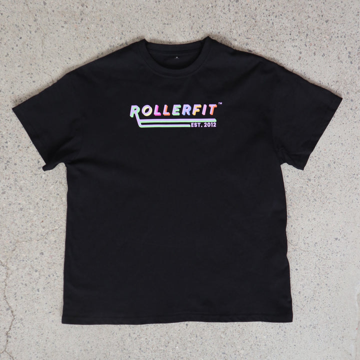 Black t-shirt with 'ROLLERFIT' logo on a gray surface