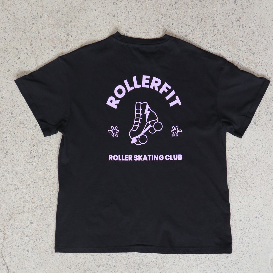 Black t-shirt with 'Rollerfit Roller Skating Club' design on a light gray background