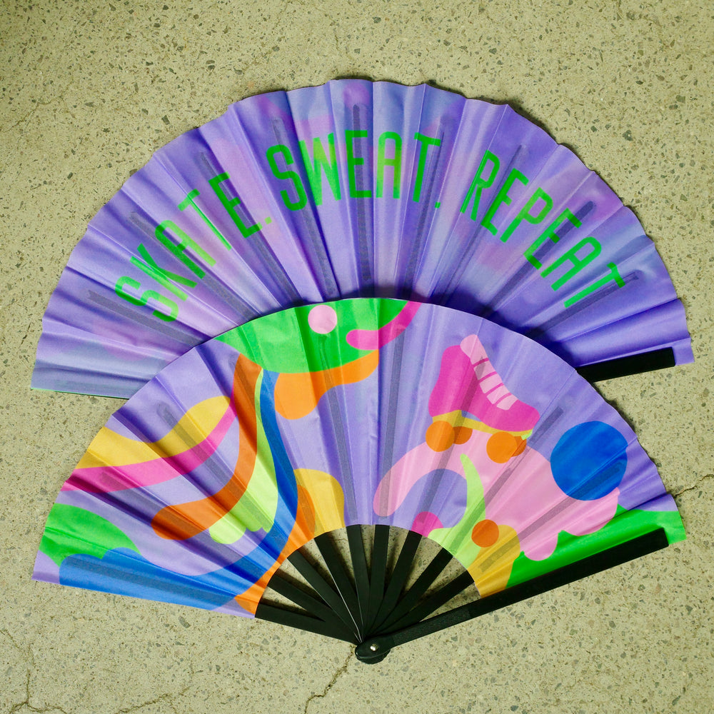 RollerFit Sweat Skate Repeat handheld fans with purple, orange, pink, yellow, green and blue design