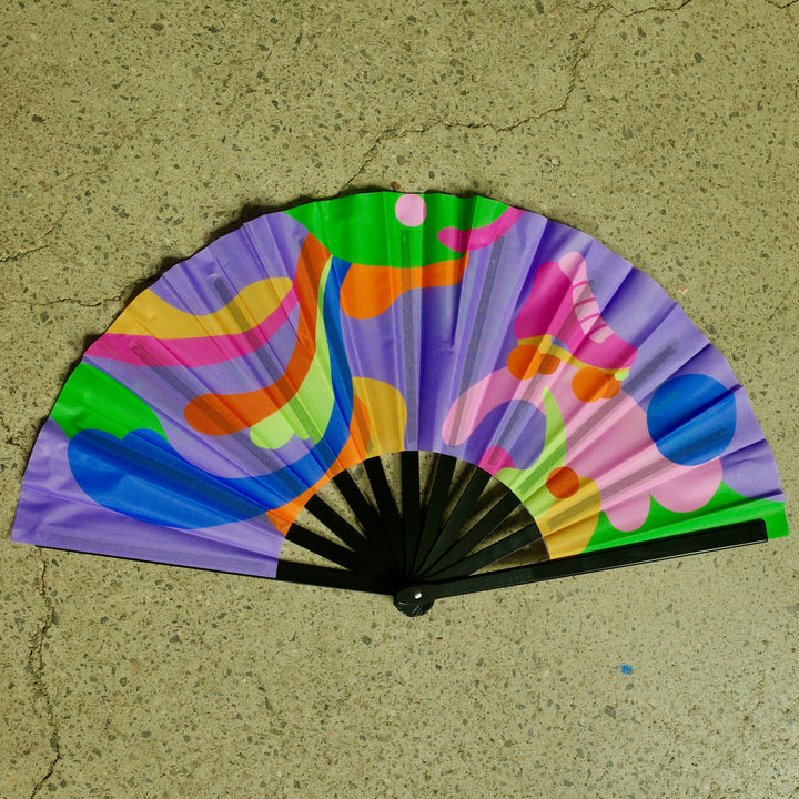 RollerFit Sweat Skate Repeat handheld fans with purple, orange, pink, yellow, green and blue design
