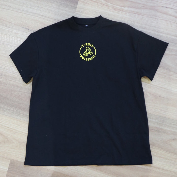 Front of RollerFit x T-Roll anniversary black and yellow oversized t-shirt 