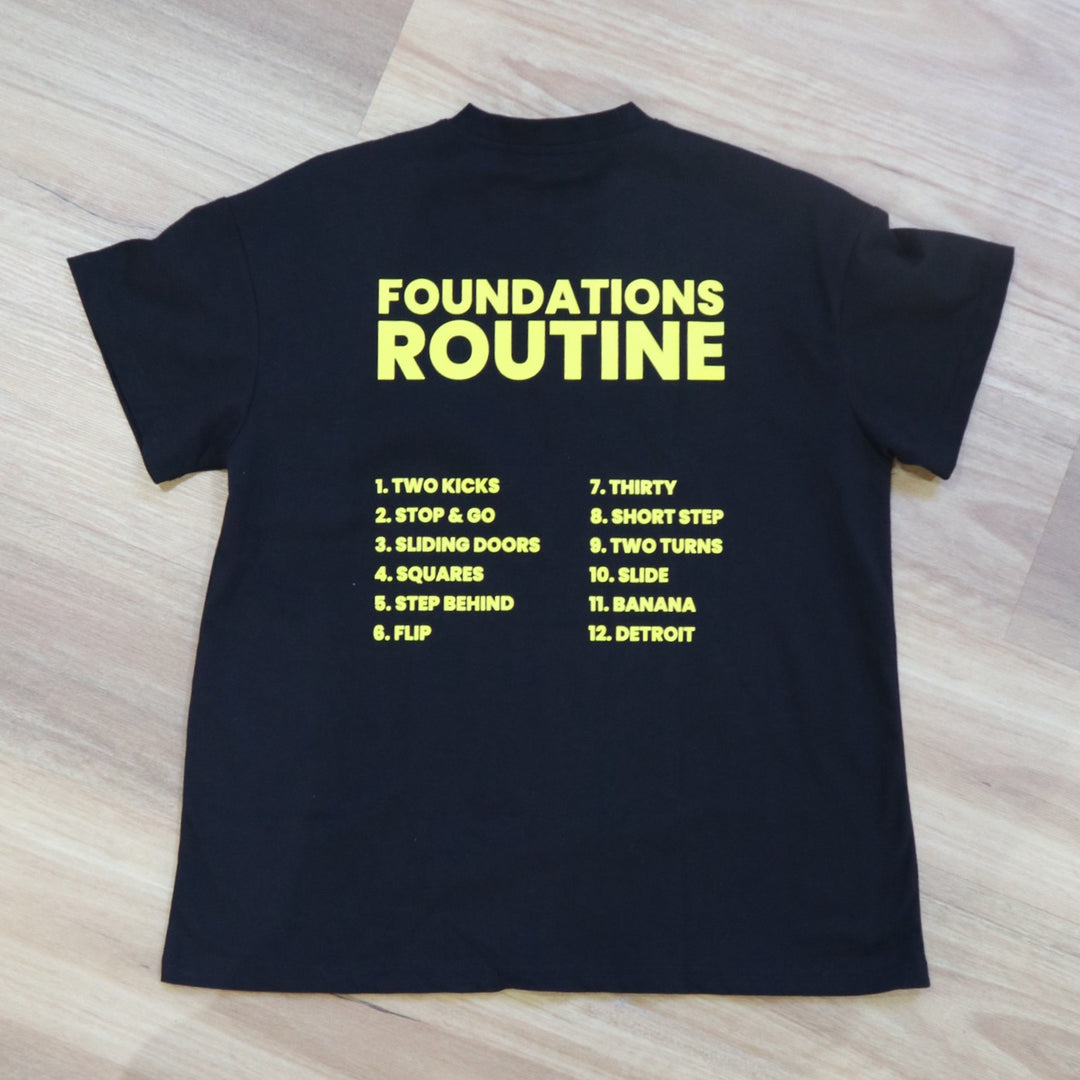Back design of RollerFit x T-Roll anniversary black and yellow oversized t-shirt 