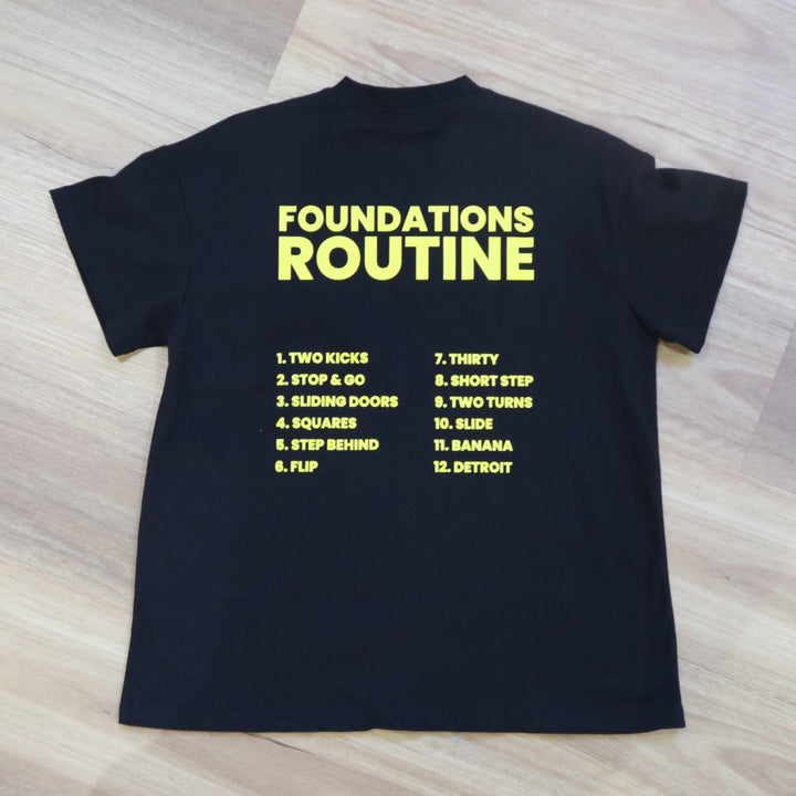 Back design of RollerFit x T-Roll anniversary black and yellow oversized t-shirt 