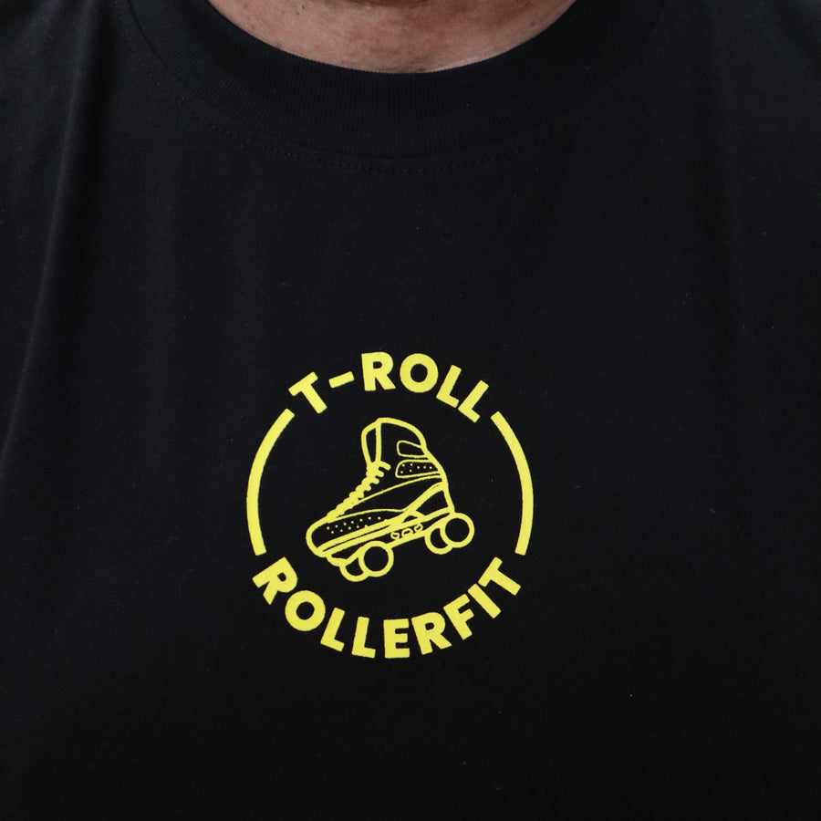 Black t-shirt with yellow 'T-Roll RollerFit' logo featuring a roller skate.