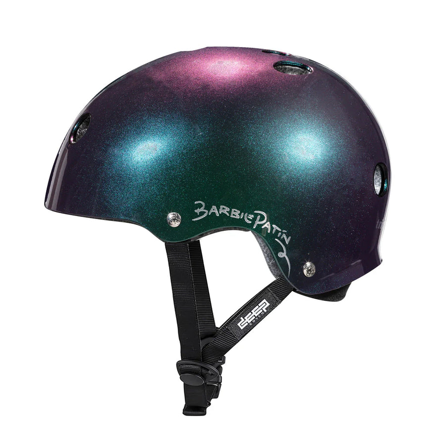 Triple 8 Deep Cover Helmet in Barbie Patin helmet with a chameleon colour way that shimmers a purple, blue, pink hue.