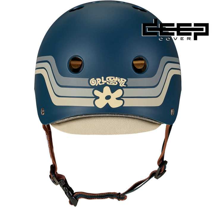 Triple 8 x Grlswirl blue helmet with cream 70's inspired stripe and floral design 