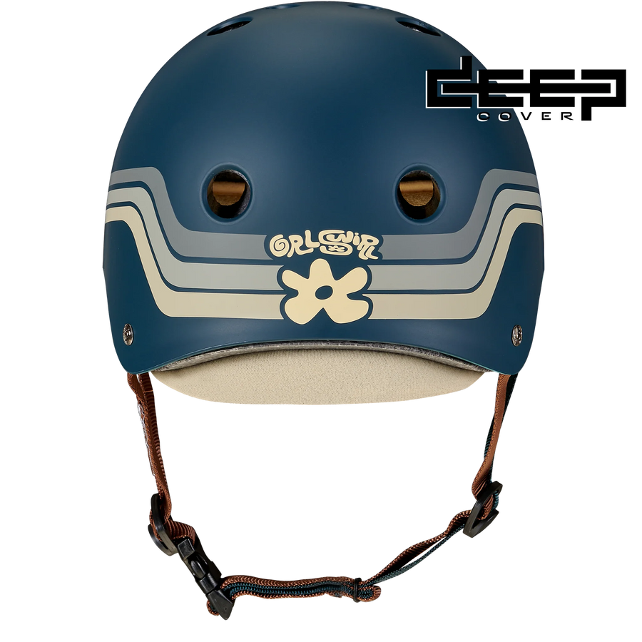 Triple 8 x Grlswirl blue helmet with cream 70's inspired stripe and floral design 