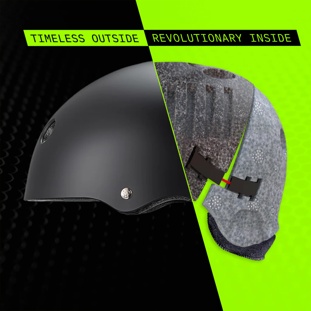 Black helmet on a black background with gray liner on a green background, featuring text 'Timeless Outside Revolutionary Inside'. Highlighting the unique hinge design of the Triple 8 Deep Cover Helmet. 