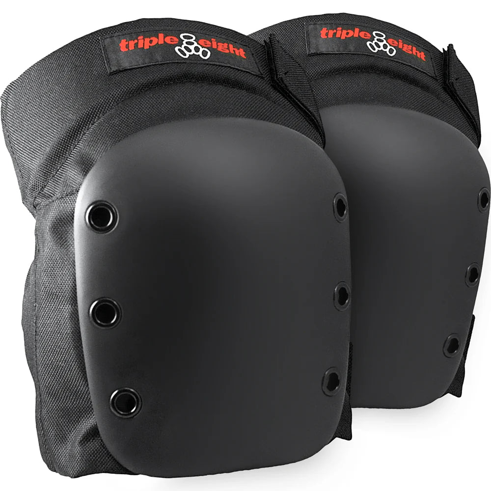 Pair of black Triple 8 street knee pads on a white background