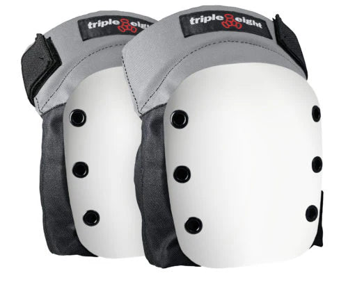 Pair of grey and white Triple 8 street knee pads on a white background